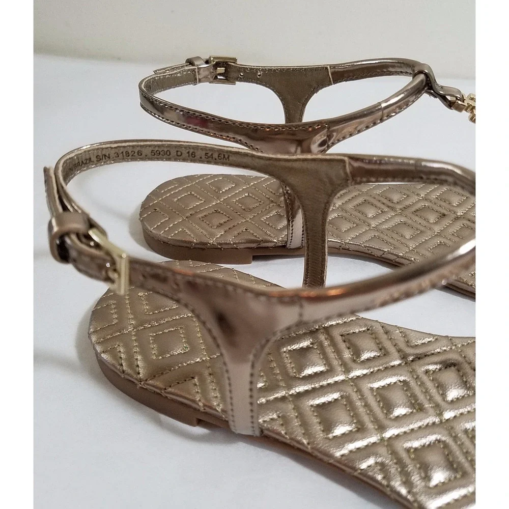 NIB Tory Burch Marion Quilted Leather T-Strap Sandal in Mica Gold Size 9.5 $225‎